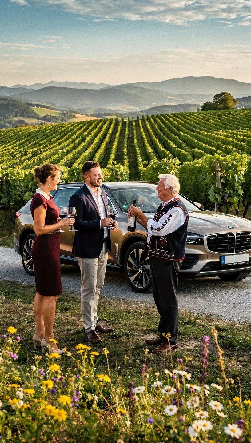 Šofér otvára dvere luxusného vozidla na úpätí Tatier pre turistov pripravených na dobrodružstvo